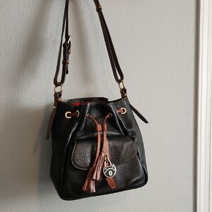Dooney & Bourke Black and Brown Leather Shoulder Bag with Drawstring Closure